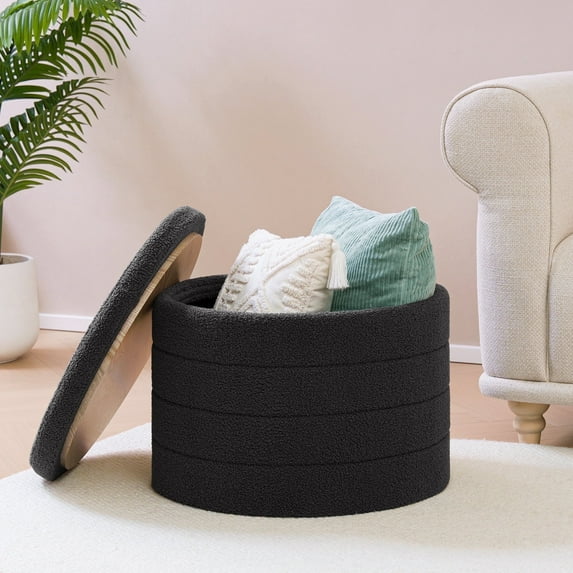 B FSOBEIIALEO Round Storage Ottoman with Tray for Living Room, Perfect for Adults & Kids with Extra Storage Space(Grey)