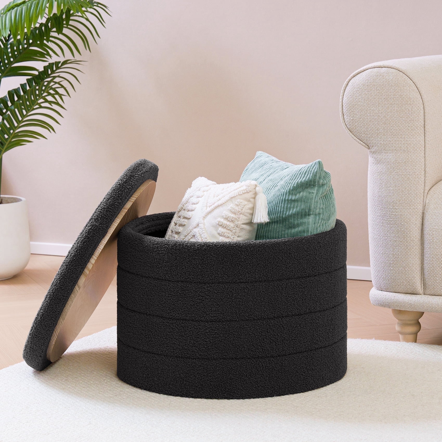 B FSOBEIIALEO Round Boucle Storage Ottoman with Tray for Living Room, Perfect for Adults & Kids with Extra Storage Space(Grey)