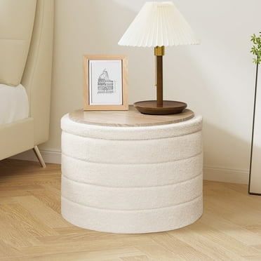 B FSOBEIIALEO Round Storage Ottoman with Tray for Living Room, Perfect for Adults & Kids with Extra Storage Space(White)
