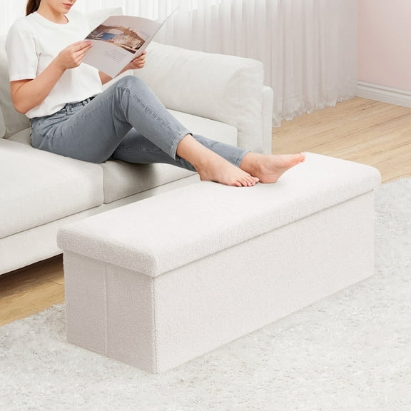 B FSOBEIIALEO 43" Collapsible Storage Ottoman Cube with Sherpa Teddy Fur Footstool (White)