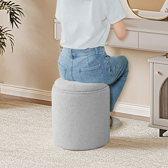 B FSOBEIIALEO Storage Ottoman Round Boucle Teddy Foot Rest Cube with Wood Storage with Tray Grey 13.5"x13.5"x15"
