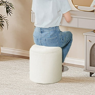 B FSOBEIIALEO Storage Ottoman Round Boucle Teddy Foot Rest Cube with Wood Storage with Tray White 13.5"x13.5"x15"