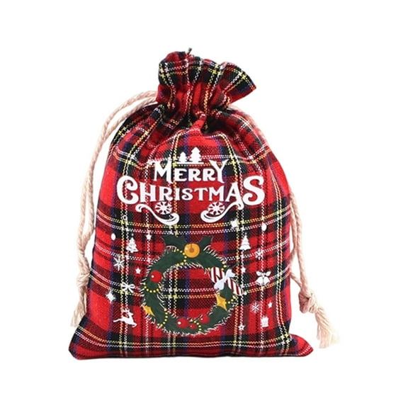 B Festive Red Plaid Cotton Drawstring Bag Reusable Holiday Gift Pouch For Candy Cookie Treats Party Favor Wrapping Decor Style B 8X10Inch