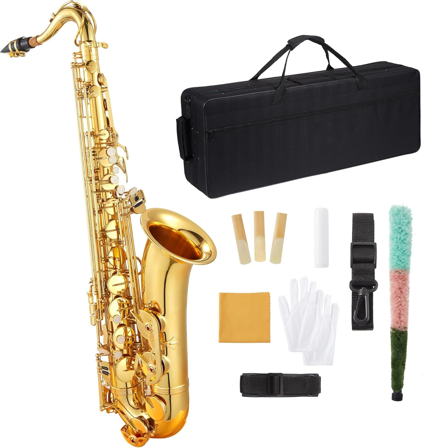 B-Flat Tenor Saxophone with Mouthpiece, Case, Cleaning Cloth, Gloves & Cleaning Rod, Professional Tenor Sax Musical Instrument
