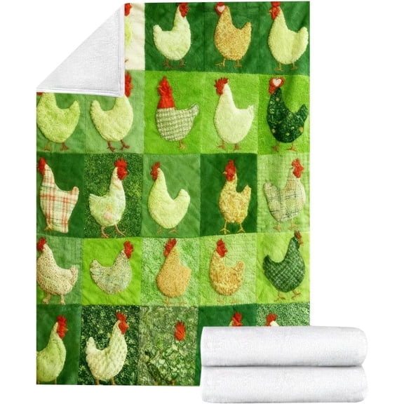 B Funny Chicken Throw Blanket Vintage Rooster Plaid Print Flannel Farm Quilt Lightweight Warm Blanket For Sofa Bed Washable 59X79In