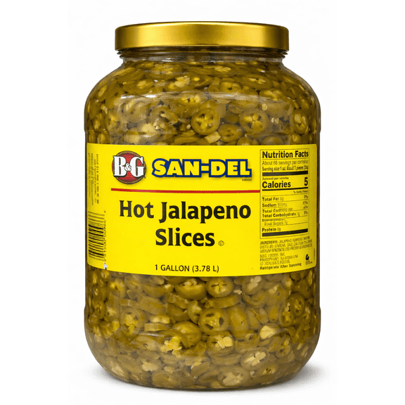 B&G San-Del Hot Jalapeno Slices, Pickled Jalapenos, 1 Gallon (3.78 L) Jar