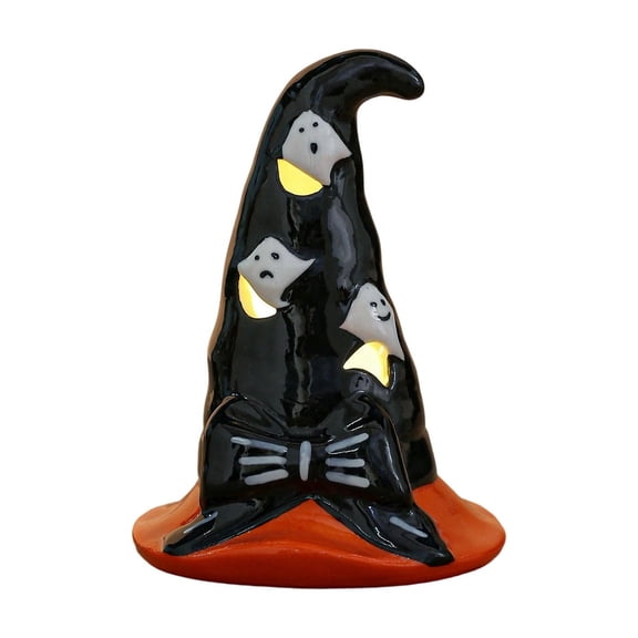 B Glowing Halloween Ceramic Pumpkin Night Light Witch Hat Hollow Out Candle Statue Tabletop Decor For Fall Holiday