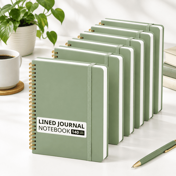 B-Green A - 6 Pack Lined Hardcover Spiral A5 Journal Notebooks for Work Office