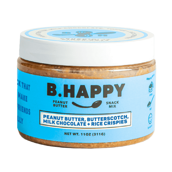 B.HAPPY PEANUT BUTTER SHARE KINDNESS – Honey Roasted Peanut Butter with Butterscotch Chips, Creamy Milk Chocolate & Crispy Rice Crispies, Spoonable Peanut Butter Snack, 11 oz