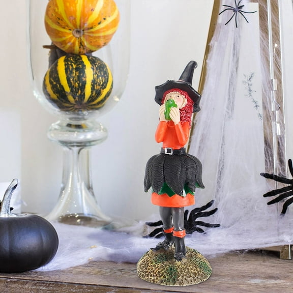 B Halloween Witch Statue Resin Figurine With Cauldron For Desktop Shelf Mantel Party Spooky Decor
