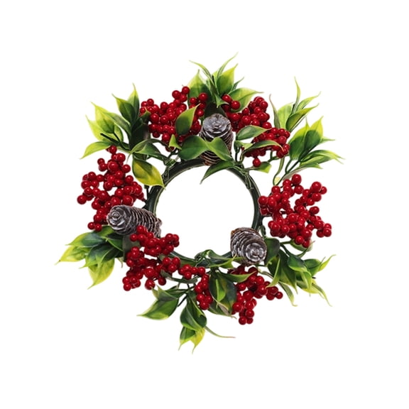B Holiday Candlestick Wreath With Pine Cones, Red Berries, Golden Spheres, Plastic Material For Coffee Table Decor, Entryway Ornament, 7.09In Diameter, 0.132Lb