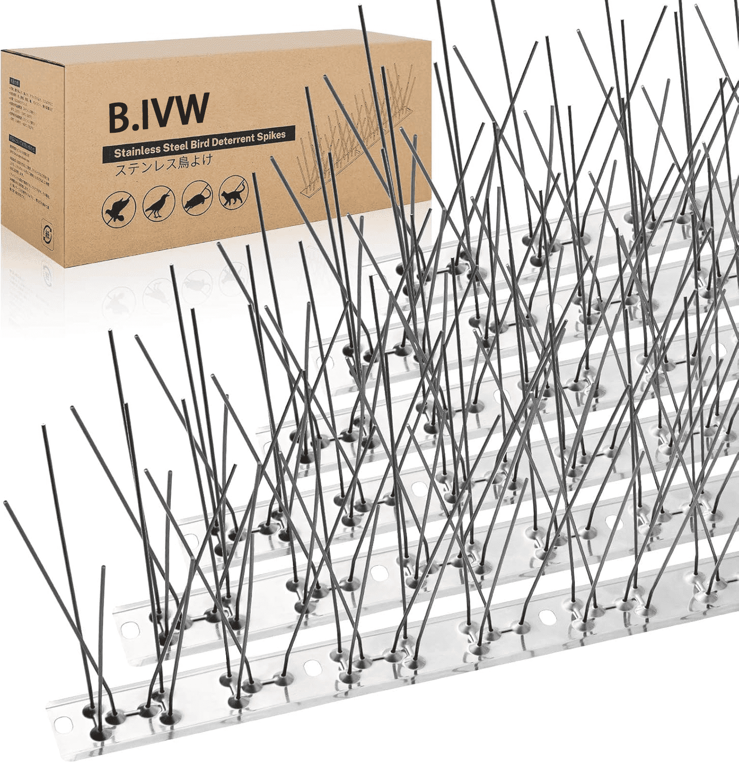 B.IVW 10.8 Feet Silver Pre-Assembled Stainless Steel Bird Spikes, Humane Pigeon & Small Bird Deterrent Spikes for Roof, Gutter, Fence, Window Ledge Pest Control