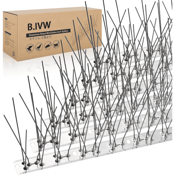 B.IVW 10.8 Feet Silver Pre-Assembled Stainless Steel Bird Spikes, Humane Pigeon & Small Bird Deterrent Spikes for Roof, Gutter, Fence, Window Ledge Pest Control