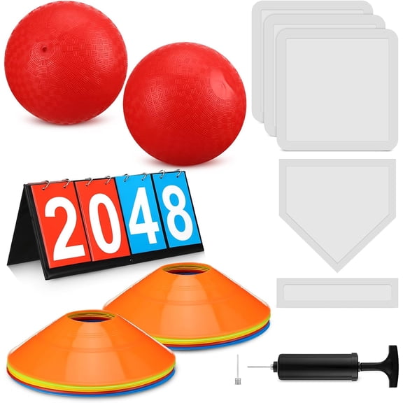 B.IVW 19-Piece Kickball Set with 2 Balls, Pump, 5 Bases, 10 Discs & Scoreboard Outdoor Backyard Game for Adults & Kids