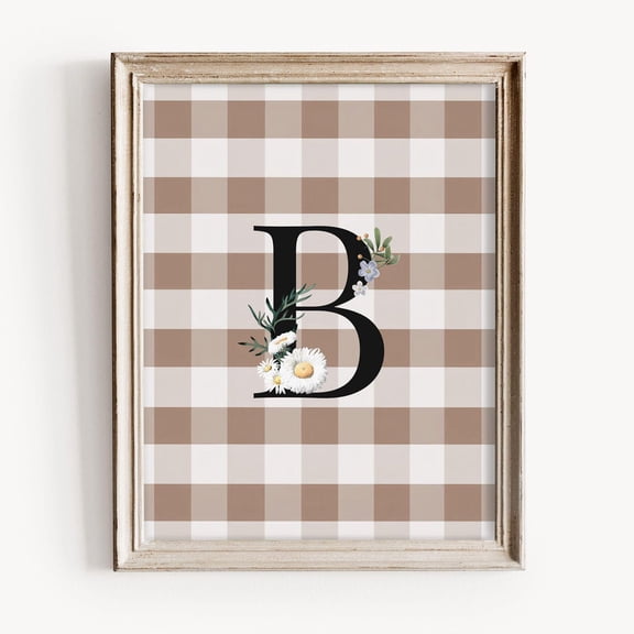 B Initial Daisy Monogram Poster, Rustic Gingham Nursery Wall Art