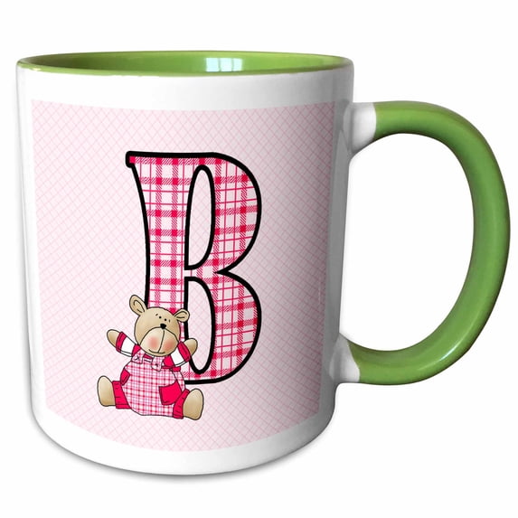 3drose, B Is for Bear in Pink for Girls Baby and Kids Monogram B in Gingham Prints, 15oz Two-tone Green Mug