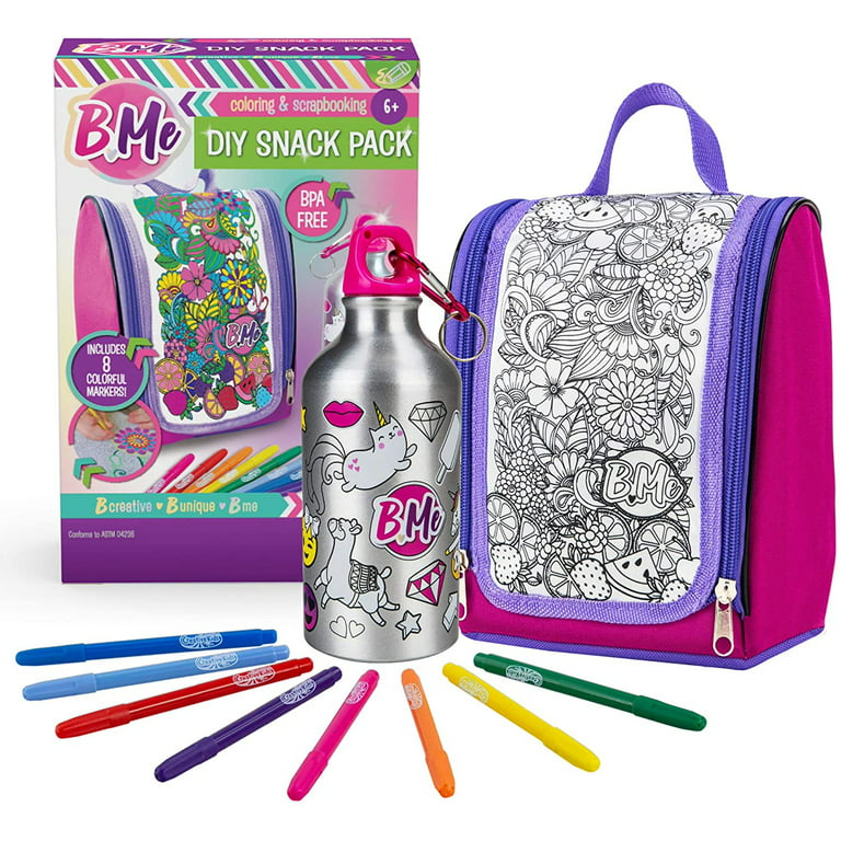 B Me DIY Snack Pack – Color-Your-Own Lunch Bag & Water Bottle Kit for Girls  – Arts & Crafts Set With BPA-Free Thermos & Keychain, Insulated Lunch Box &  8 Magic Markers –