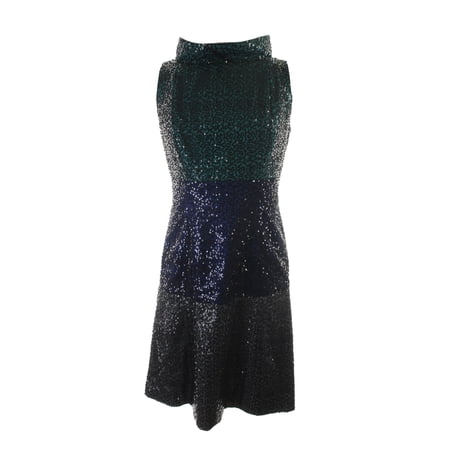 B Michael Juniors Green Colorblocked Sleeveless Sequined Dress