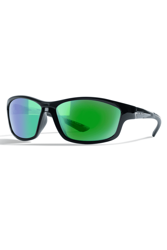 Corning Glass Lens Sunglasses Polarized Men Women Wrap-around Black Frame Green Mirrored