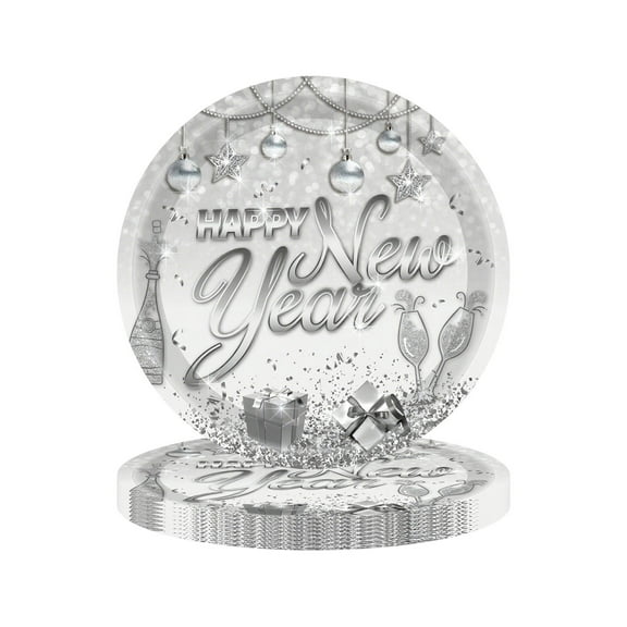 B New Year Party Tableware Disposable Paper Plates Set White And Silver Happy New Year Theme 9 Inch Plates 23X23Cm 9.06X9.06 Inches