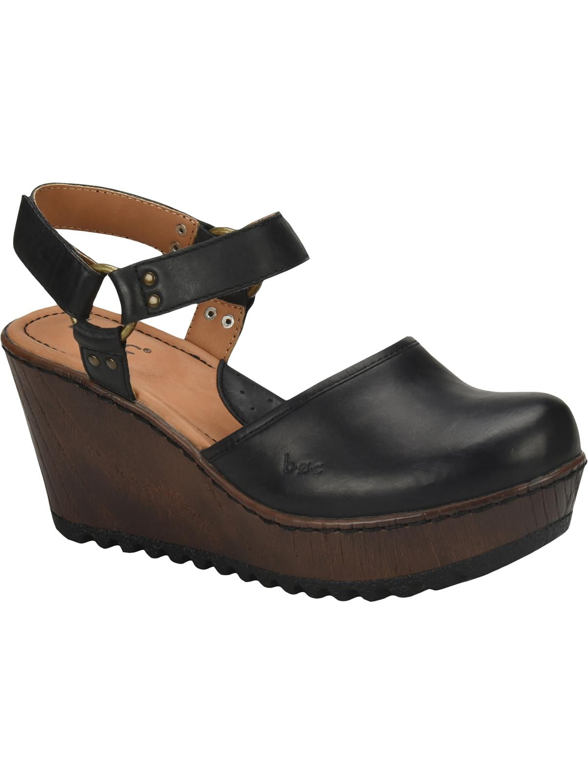 BOC Womens Black Metal Harness Ankle Strap Rina Round Toe Wedge Leather Clogs 8 M Walmart