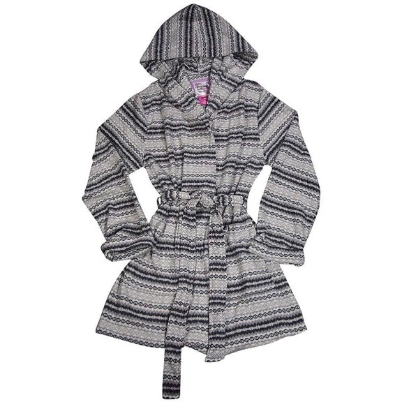 B O P J Adult Womens Female Printed Fleece Robe Fair Isle Geo Grey Microfleece L