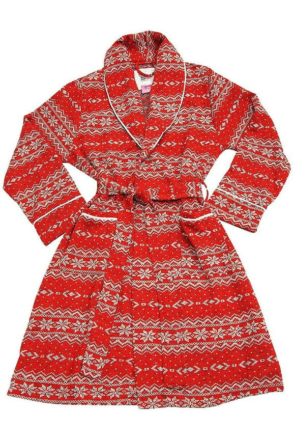 B O P J Adult Womens Female Printed Fleece Robe Red Fair Isle Sweater Fleece XL