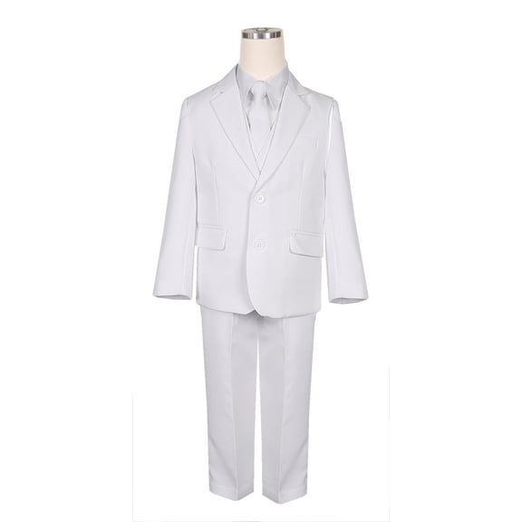 B-One Kids Boys' Formal 5 Piece Suit Set includes Suit Jacket, Dress Pants, White Dress Shirt, Matching Suit Vest and Clip-on Tie for Baby, Toddlers, Little Boys, Big Kids & Young Men