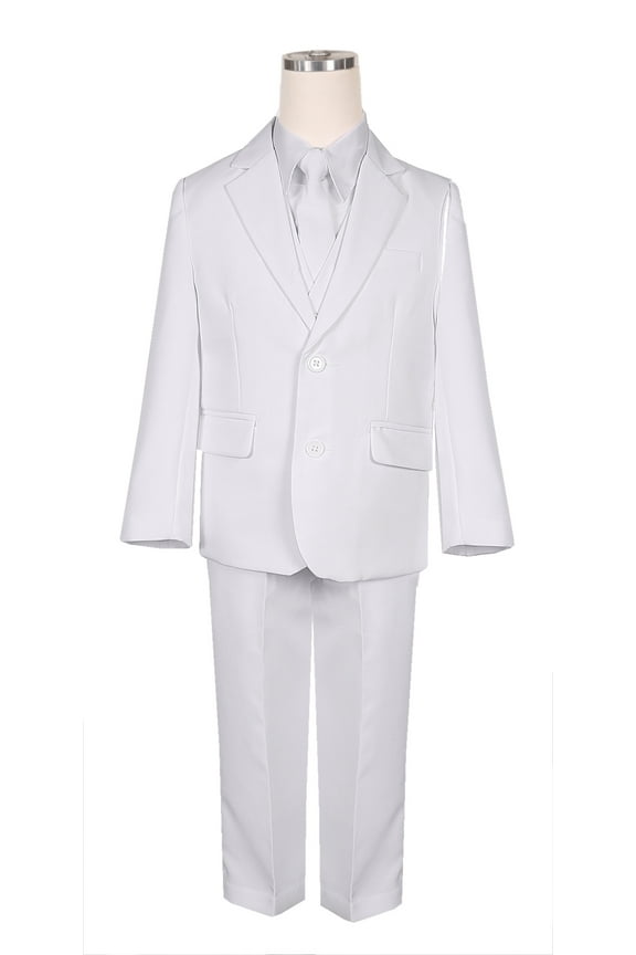 Boys' Formal 5 Piece Suit Set includes Suit Jacket, Dress Pants, White Dress Shirt, Matching Suit Vest and Clip-on Tie for Baby, Toddlers, Little Boys, Big Kids & Young Men