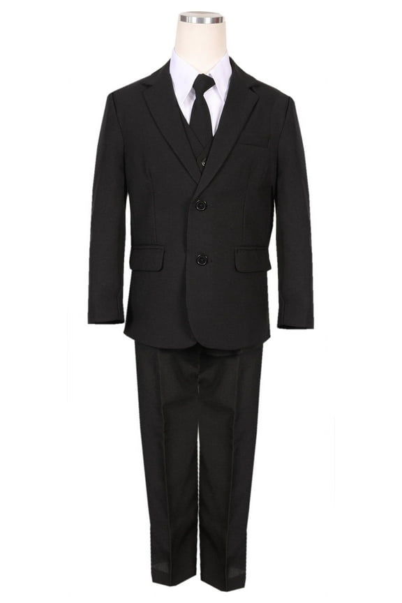 Boys' Formal 5 Piece Suit Set includes Suit Jacket, Dress Pants, White Dress Shirt, Matching Suit Vest and Clip-on Tie for Baby, Toddlers, Little Boys, Big Kids & Young Men
