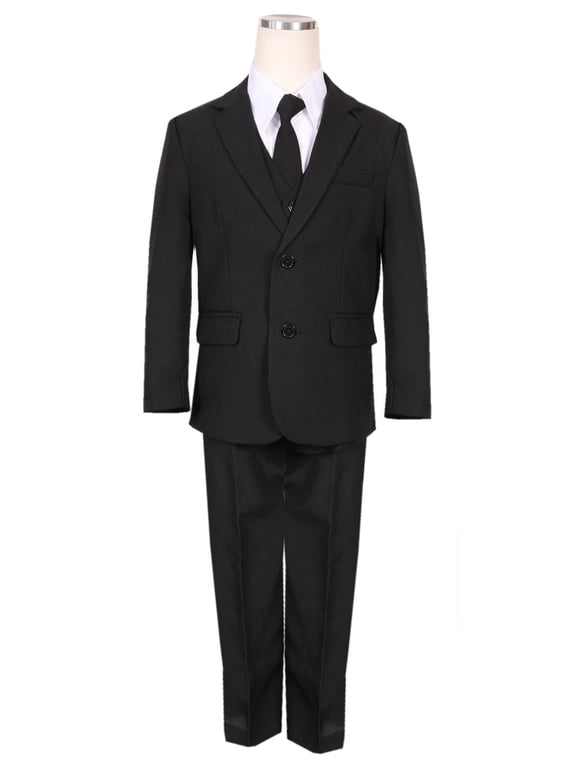 Boys' Formal 5 Piece Suit Set includes Suit Jacket, Dress Pants, White Dress Shirt, Matching Suit Vest and Clip-on Tie for Baby, Toddlers, Little Boys, Big Kids & Young Men