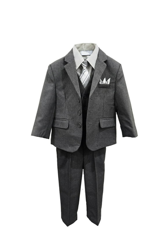 Boys' Formal Classic Fit Suit 5 Piece Set Charcoal Includes Suit Jacket, Dress Pants, White Dress Shirt, Matching Suit Vest Clip-on Tie for Toddlers, Little Boys, Big Kids
