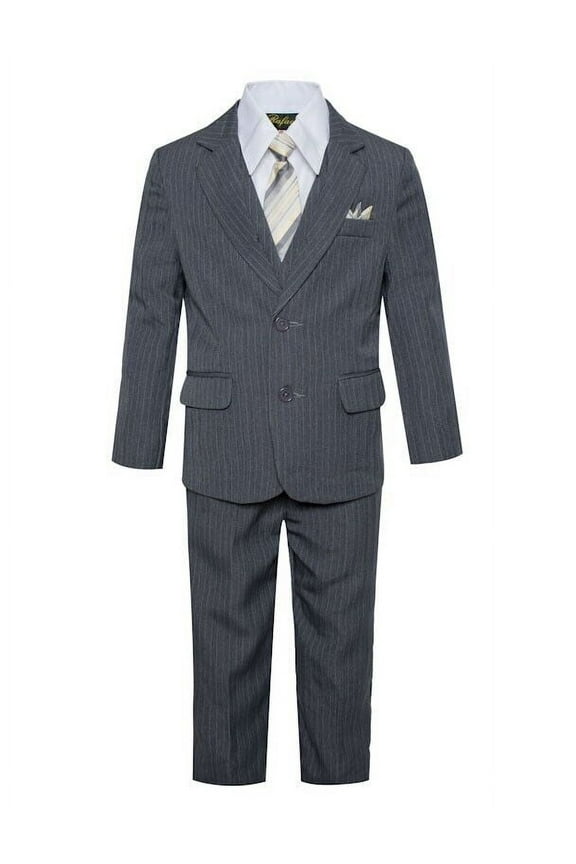 Boys' Formal Classic Fit Suit 5 Piece Set Pinstripe Charcoal Gray Includes Suit Jacket, Dress Pants, White Dress Shirt, Matching Suit Vest Clip-on Tie for Toddlers, Little Boys, Big Kids