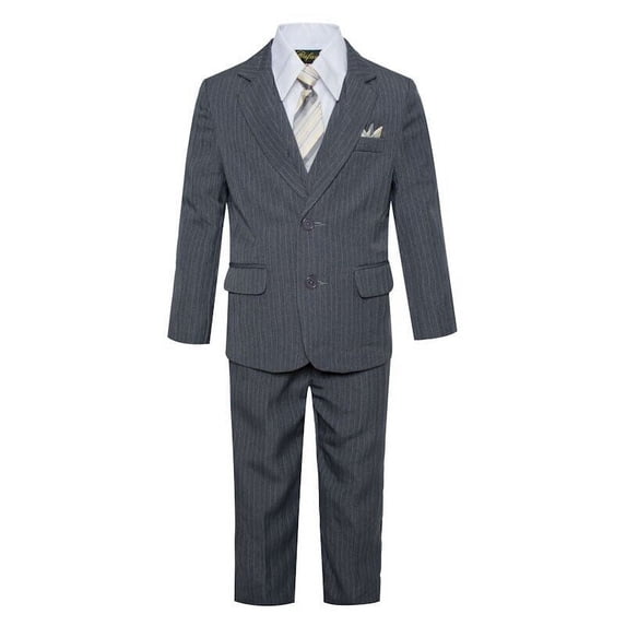 B-One Kids Boys' Formal Classic Fit Suit 5 Piece Set Pinstripe Charcoal Gray Includes Suit Jacket, Dress Pants, White Dress Shirt, Matching Suit Vest Clip-on Tie for Toddlers, Little Boys, Big Kids