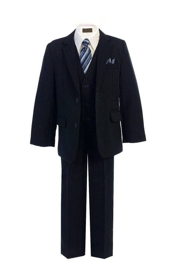 Boys' Formal Classic Fit Suit 5 Piece Set Pinstripe Navy Includes Suit Jacket, Dress Pants, White Dress Shirt, Matching Suit Vest Clip-on Tie for Toddlers, Little Boys, Big Kids