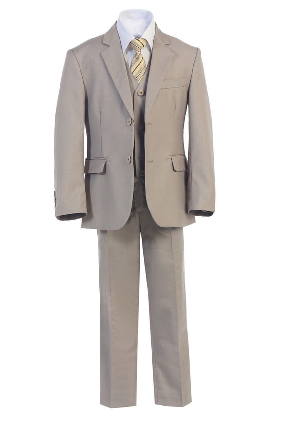 Boys' Formal Slim Fit Suit 5 Piece Set includes Suit Jacket, Dress Pants, White Dress Shirt, Matching Suit Vest and Clip-on Tie for Toddlers, Little Boys, and Big Kids