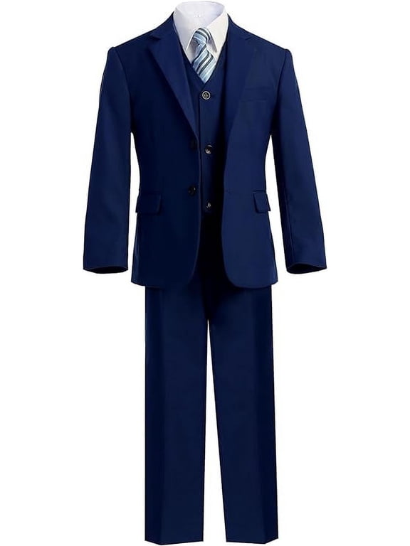 Boys' Formal Slim Fit Suit 5 Piece Set includes Suit Jacket, Dress Pants, White Dress Shirt, Matching Suit Vest and Clip-on Tie for Toddlers, Little Boys, and Big Kids