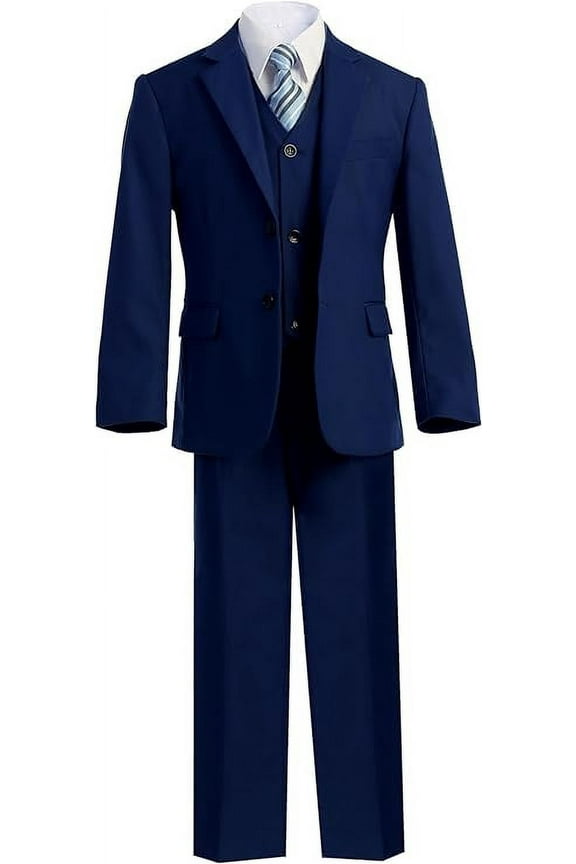 Boys' Formal Slim Fit Suit 5 Piece Set includes Suit Jacket, Dress Pants, White Dress Shirt, Matching Suit Vest and Clip-on Tie for Toddlers, Little Boys, and Big Kids