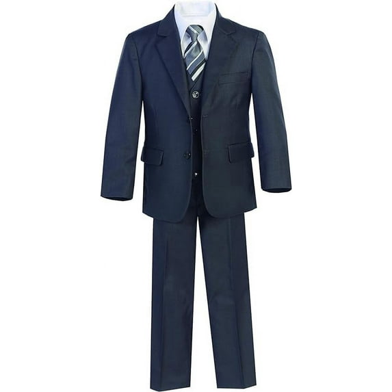 B-One Kids Boys' Formal Slim Fit Suit 5 Piece Set includes Suit Jacket, Dress Pants, White Dress Shirt, Matching Suit Vest and Clip-on Tie for Toddlers, Little Boys, and Big Kids
