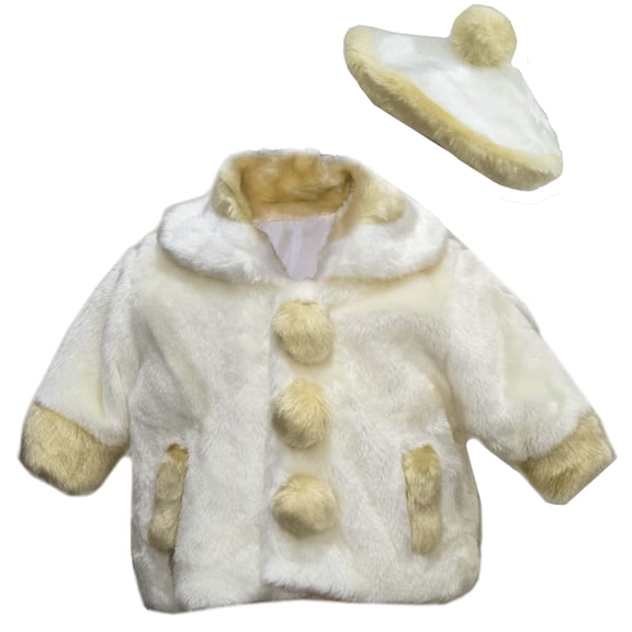 B-One Kids Girls Soft Faux Fur Jacket with Beret Hat, Toddler Girls, Size 4T, Two-Tone Ivory/ Beige
