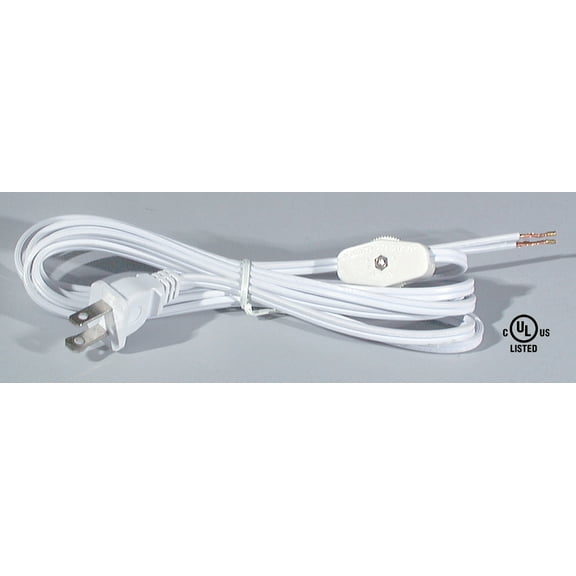 B&P Lamp® 8 Foot White Cord Set With Inline Rotary On-Off Switch, Spt-1 Cord Size