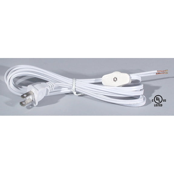 B&P Lamp® 8 Foot White Cord Set With Inline Rotary On-Off Switch, Spt-1 Cord Size
