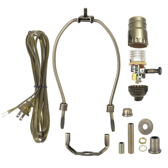 B&P Lamp® Antique Brass Finish Table Lamp Wiring Kit with 8 Inch Harp and Full-Range Dimmer Socket