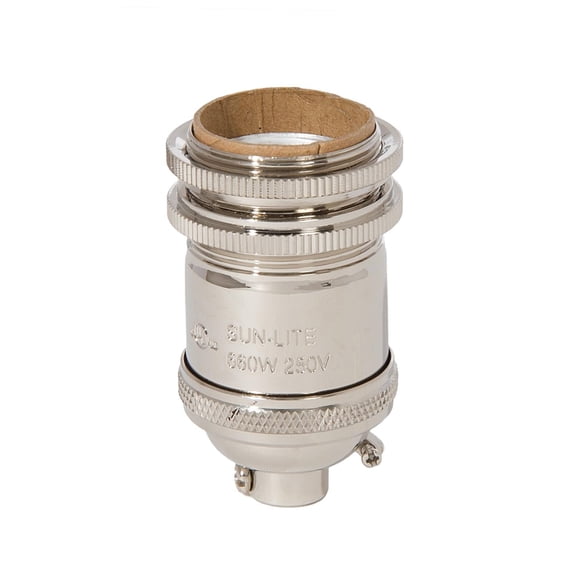 B&P Lamp® Heavy Turned Brass Keyless Socket, Polished Nickel Finish, With Shade Rings and Ground Screw Terminal