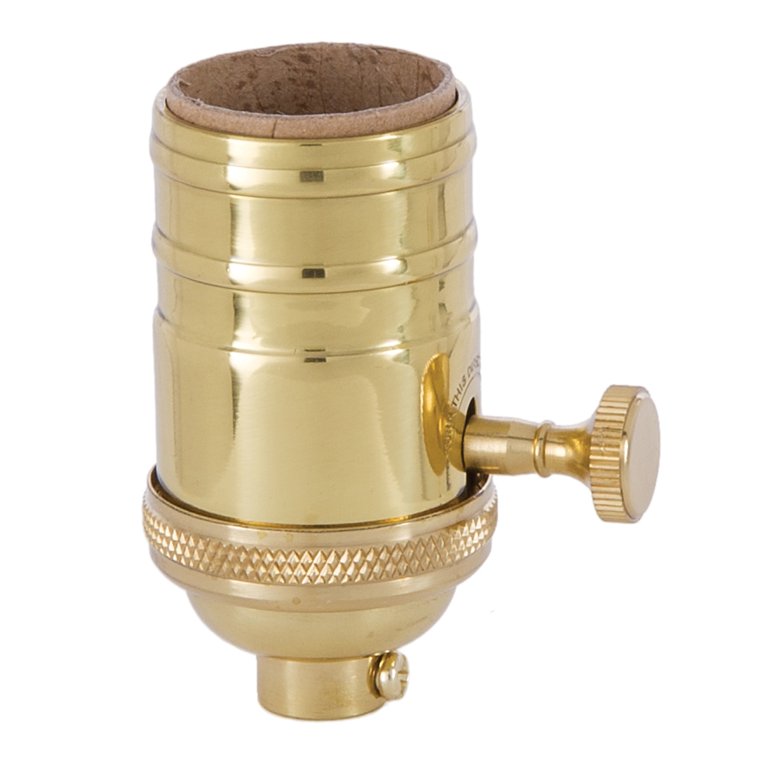 B&P Lamp® Heavy Turned Brass Socket With Brass Knob, Polished And Lacquered  Finish, 3-Way Function, No Uno Thread 