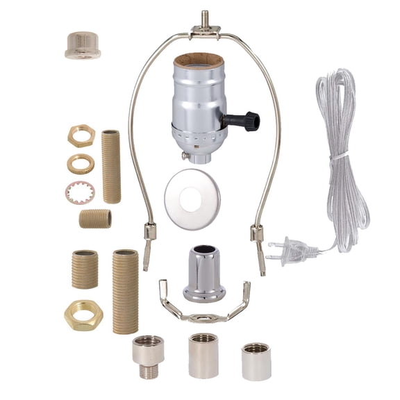 B&P LampĀ® Nickel Plated Finish Floor Lamp Wiring Kit with a 3-Way Socket, 9 Inch Harp, and 12 Feet Long Lamp Cord