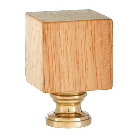 B&P Lamp Wooden Cube Design, Oak Finish Finial, Brass Brass Base
