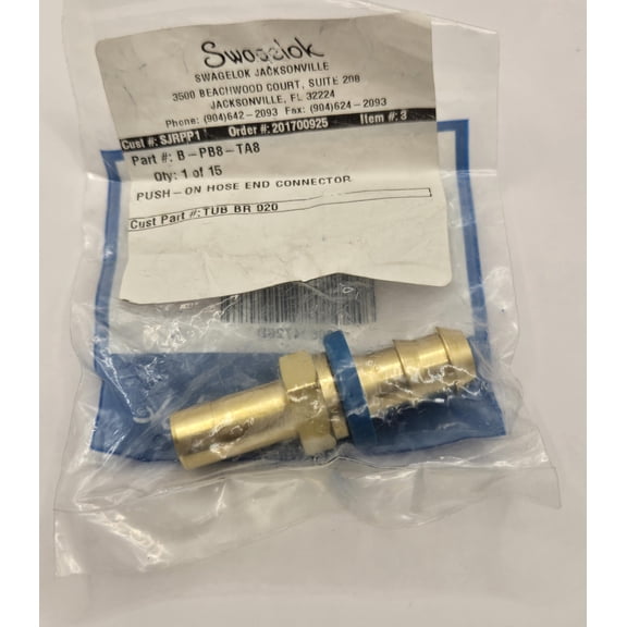 B-PB8-TA8 | Swagelok Push-Lok to Tube Adapter, 1/2" Hose : Barb x 1/2" Tube : Stub End, Brass