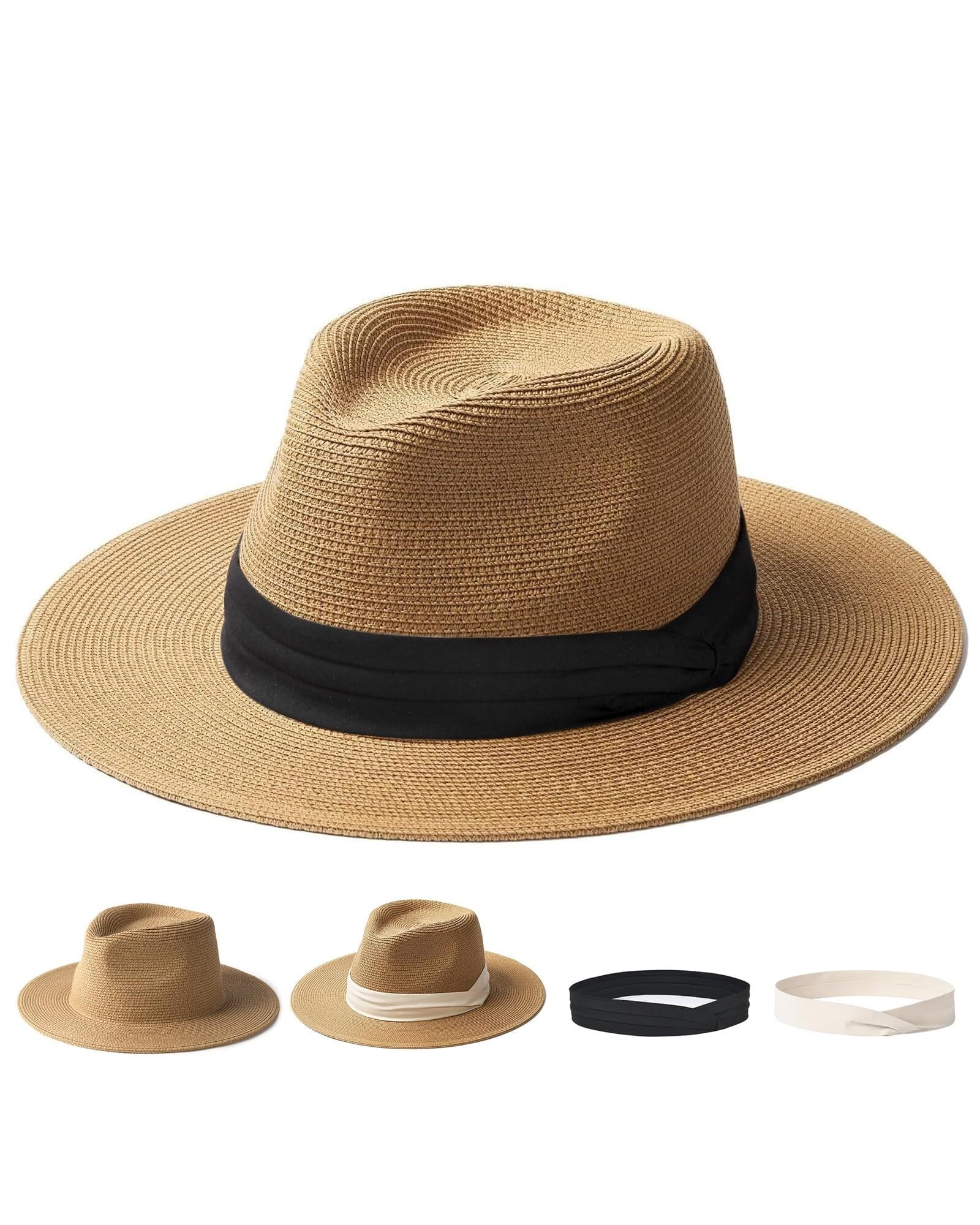 B Panama Hat Sun Hats for Women Men Wide Brim Fedora Straw Beach Hat UV ...