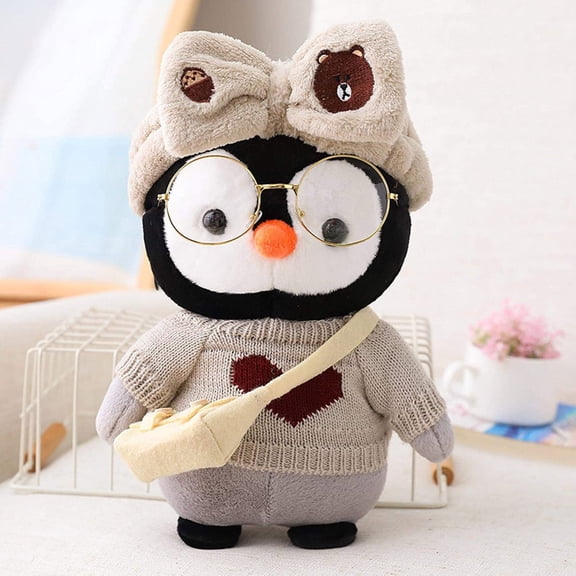 B Plush Penguin Stuffed Toy With Brown Hairband Pp Cotton Soft Cuddle Doll